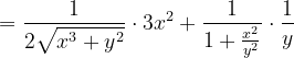 \dpi{120} =\frac{1}{2\sqrt{x^{3}+y^{2}}}\cdot 3x^{2}+\frac{1}{1+\frac{x^{2}}{y^{2}}}\cdot \frac{1}{y}